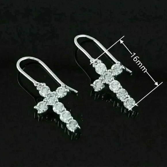NEW Sterling Silver Diamond Cross Drop Earrings - Picture 4 of 4